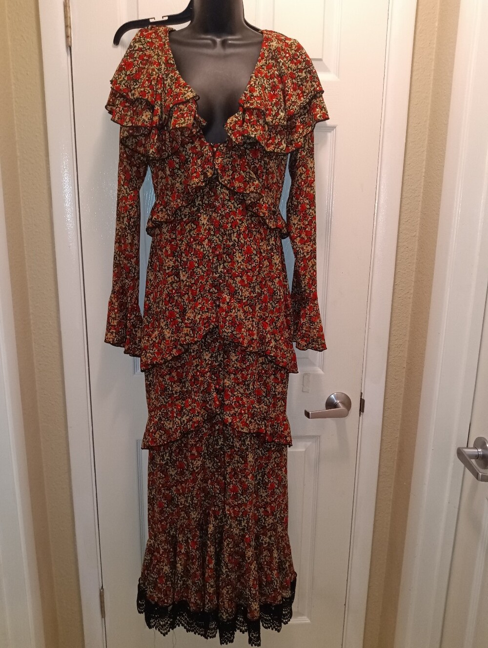 Nwt Nasty Gal Metallic Shimmer Floral Ruffle Long Sleeve Maxi Red Lace Trim